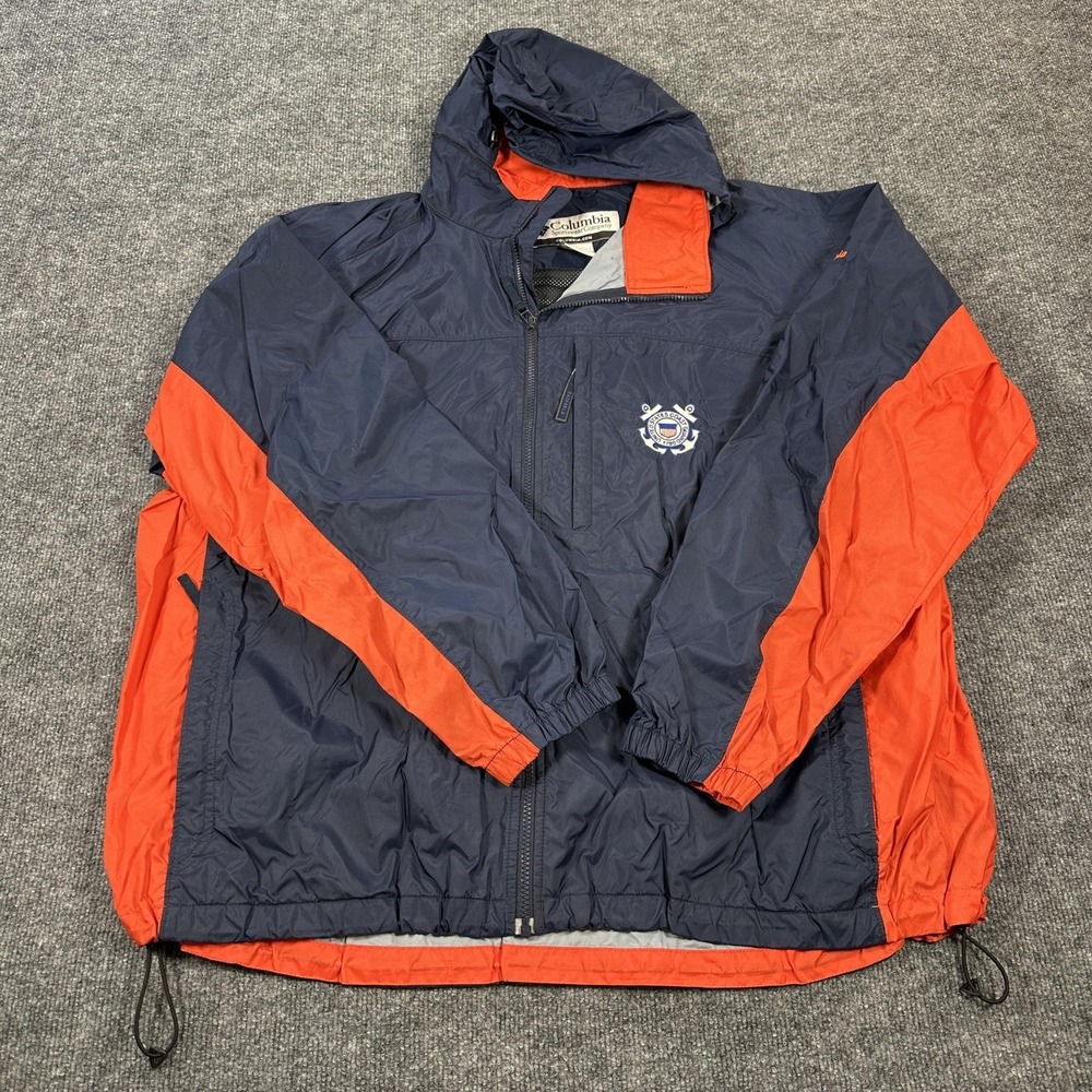 Columbia Jacket Mens 2XL Blue Orange Coast Guard Hooded Packable Windbreaker